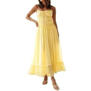 Yellow Spaghetti Strap Sleeveless Bustier A-line Maxi‎ Sundress Open Back Sz M
